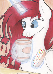 Size: 672x941 | Tagged: safe, artist:michael thompson, derpibooru import, oc, oc only, oc:princess apricity, alicorn, pony, bronycan, canada, canadian, coffee, coffee break, donut, female, food, maple leaf, mare, solo, tim hortons, traditional art