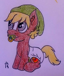 Size: 929x1093 | Tagged: safe, artist:dawn-designs-art, derpibooru import, quarter hearts, baby, diaper, foal, link, pacifier, solo, the legend of zelda, traditional art