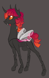 Size: 663x1057 | Tagged: safe, artist:australian-senior, derpibooru import, oc, oc only, oc:deilephila, changeling, alternate universe, changeling oc, colored sclera, gray background, kirindos, orange eyes, red changeling, simple background, solo