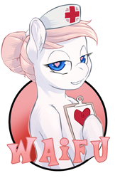 Size: 413x638 | Tagged: safe, artist:hobbes-maxwell, nurse redheart, earth pony, pony, celestia redux, clipboard, female, heart eyes, lidded eyes, looking at you, mare, smiling, solo, waifu, waifu badge, wingding eyes