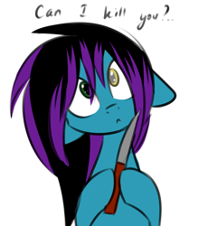 Size: 1024x1162 | Tagged: safe, artist:despotshy, derpibooru import, oc, oc only, oc:despy, earth pony, pony, dialogue, heterochromia, knife, simple background, solo, text, transparent background