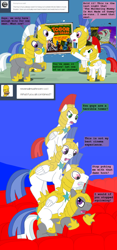 Size: 1000x2145 | Tagged: safe, artist:hakar-kerarmor, derpibooru import, oc, oc:arrowhead, oc:bastion, oc:monolith, oc:nors, ask four inept guardponies, cinema, royal guard, tower of pony