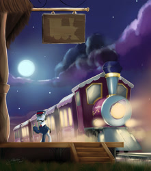 Size: 1237x1400 | Tagged: safe, artist:mechagen, derpibooru import, all aboard, cloud, conductor, friendship express, full moon, moon, night, night sky, signature, sky, solo, starry night, stars, train, train station