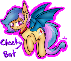 Size: 2394x2049 | Tagged: safe, artist:ashee, derpibooru import, oc, oc only, oc:phyra, bat pony, pony, collar, cute, eyebrow piercing, piercing, simple background, tongue out, transparent background