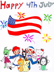 Size: 2059x2709 | Tagged: safe, artist:pokeneo1234, derpibooru import, pound cake, pumpkin cake, 4th of july, american flag, annoying dog, crossover, fireworks, hello kitty, katy, katy (unico), katy chao, mona, nanalan, raggedy andy, raggedy ann, sanrio, tem shop, temmie, undertale, unico