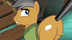 Size: 1406x783 | Tagged: safe, derpibooru import, screencap, quibble pants, pony, stranger than fan fiction, cute, discovery family logo, out of context, plot, quibble butts, quibblebetes, tail, tail pull