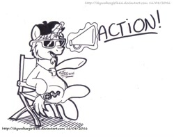 Size: 1024x806 | Tagged: safe, artist:artistnjc, derpibooru import, oc, oc only, pony, unicorn, chair, director, director's chair, facial hair, goatee, levitation, magic, male, megaphone, monochrome, newbie artist training grounds, simple background, sitting, solo, sunglasses, telekinesis, whistle