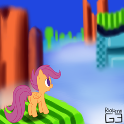 Size: 2000x2000 | Tagged: safe, artist:riokenng3, derpibooru import, scootaloo, pegasus, pony, crossover, hill top zone, solo, sonic the hedgehog (series), sonic the hedgehog 2, video game crossover