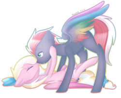 Size: 4267x3439 | Tagged: safe, artist:kurochhi, derpibooru import, oc, oc only, pegasus, pony, female, hair bow, male, nuzzling, straight