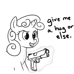 Size: 1000x1000 | Tagged: artist needed, safe, derpibooru import, sweetie belle, cute, dialogue, diasweetes, grayscale, grimcute, gun, handgun, levitation, m1911, magic, monochrome, open mouth, pistol, simple background, smiling, telekinesis, threat, ultimatum, weapon, white background