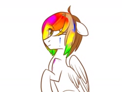 Size: 1280x960 | Tagged: safe, artist:maccoffee, derpibooru import, oc, oc only, oc:coffee cream, pegasus, pony, hair over one eye, one eye closed, rainbow hair, raised hoof, sitting, solo