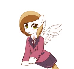 Size: 1092x1024 | Tagged: safe, artist:maccoffee, derpibooru import, oc, oc only, oc:coffee cream, pony, bipedal, blushing, clothes, crossdressing, cute, male, necktie, pleated skirt, skirt, smiling, solo, spread wings, trap