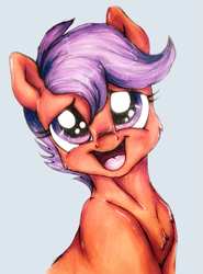 Size: 769x1037 | Tagged: safe, artist:buttersprinkle, derpibooru import, scootaloo, cute, cutealoo, open mouth, smiling, solo, traditional art