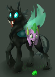 Size: 783x1093 | Tagged: safe, artist:shazuku, derpibooru import, spike, thorax, changeling, dragon, the times they are a changeling, dragons riding changelings, drool, gem, smiling, tongue out