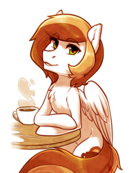 Size: 1200x1601 | Tagged: safe, artist:maccoffee, derpibooru import, oc, oc only, oc:coffee cream, pegasus, pony, coffee, looking at you, male, simple background, solo, table