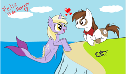 Size: 2155x1278 | Tagged: safe, artist:estevangel, derpibooru import, dinky hooves, pipsqueak, merpony, dinkysqueak, female, heart, male, older, shipping, spanish, straight