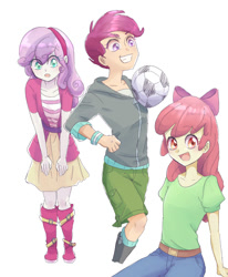 Size: 700x850 | Tagged: safe, artist:misochikin, derpibooru import, apple bloom, scootaloo, sweetie belle, equestria girls, ball, cutie mark crusaders, football, pixiv