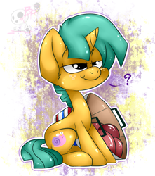 Size: 849x961 | Tagged: safe, artist:bloody-pink, derpibooru import, snails, pony, unicorn, buckball season, bucket, colt, lidded eyes, male, question mark, solo