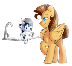 Size: 1024x941 | Tagged: safe, artist:starlyflygallery, derpibooru import, oc, oc only, pegasus, pony, bathing, father and child, father and son, foal, male, parent and child, sink