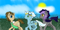 Size: 1600x817 | Tagged: safe, artist:2006kate, derpibooru import, doctor whooves, fleetfoot, oc, oc:echo, pony, male, stallion