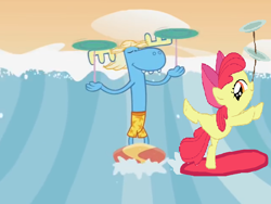 Size: 954x718 | Tagged: safe, derpibooru import, edit, edited screencap, screencap, apple bloom, the cutie pox, beach, bipedal, happy tree friends, lumpy, lumpy bloom, plate spinning, shipping, surfboard, wave