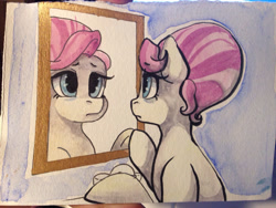 Size: 1136x852 | Tagged: safe, artist:whale, derpibooru import, rosetta, earth pony, pony, female, mare, mirror, raised hoof, sad, sink, solo, traditional art, watercolor painting