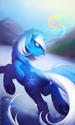 Size: 1500x2500 | Tagged: safe, artist:antiander, derpibooru import, oc, oc only, oc:snow sailor, pony, unicorn, male, mountain, solo, stallion, trotting, underhoof