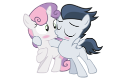 Size: 870x562 | Tagged: safe, artist:lunaticdawn, derpibooru import, rumble, sweetie belle, blushing, eyes closed, female, kissing, male, rumbelle, shipping, simple background, straight, transparent background