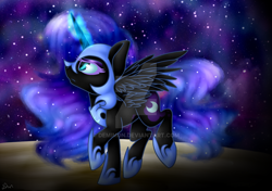 Size: 1024x722 | Tagged: safe, artist:demim0n, derpibooru import, nightmare moon, magic, solo, stars, watermark