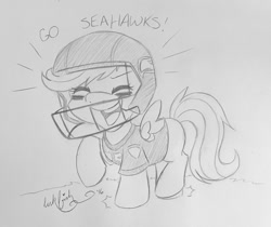 Size: 1200x1006 | Tagged: safe, artist:abbystarling, derpibooru import, scootaloo, american football, clothes, cute, cutealoo, daaaaaaaaaaaw, football helmet, helmet, jersey, monochrome, nfl, pencil drawing, seachicken, seattle seahawks, sketch, solo, traditional art