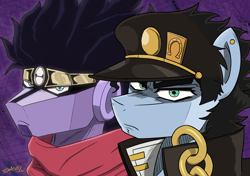 Size: 1700x1200 | Tagged: safe, artist:tomazii7, derpibooru import, jojo's bizarre adventure, jotaro kujo, ponified, stand, star platinum, stardust crusaders, the mane is the hat