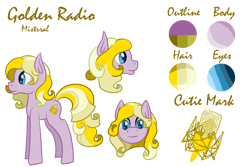 Size: 1440x960 | Tagged: safe, artist:timid tracks, derpibooru import, oc, oc only, oc:golden radio, earth pony, pony, female, mare, microphone, reference sheet, solo