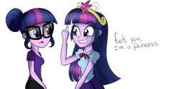 Size: 900x450 | Tagged: safe, artist:wubcakeva, sci-twi, twilight sparkle, equestria girls, big crown thingy, breasts, clothes, crown, dialogue, element of magic, female, fuck you, glasses, grin, hair bun, jewelry, looking at each other, middle finger, regalia, self paradox, shirt, simple background, smiling, transparent background, twibitch sparkle, twolight, vulgar