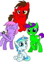 Size: 720x1009 | Tagged: safe, artist:toyminator900, derpibooru import, oc, oc only, oc:chip, oc:clever clop, oc:cyan lightning, oc:melody notes, pegasus, pony, unicorn, microphone