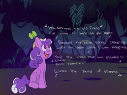 Size: 1024x768 | Tagged: safe, artist:optimusprimetfr, artist:orig15, derpibooru import, screwball, dreamworks trolls, everfree forest, hat, hello darkness my old friend, lyrics, propeller hat, simon and garfunkel, singing, solo, song reference, swirly eyes, text, the sound of silence