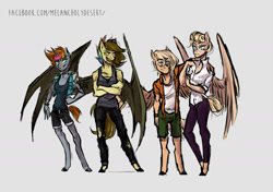 Size: 1600x1124 | Tagged: safe, artist:lya, derpibooru import, anthro, bat pony, pegasus, unicorn, art trade, blouse, clothes, glasses, jeans, laughing, male, pants, shirt, shorts, smiling, standing, wings