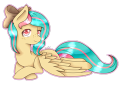 Size: 3500x2378 | Tagged: safe, artist:lemonlou, derpibooru import, oc, oc only, oc:vanilla ganache, pegasus, pony, freckles, hair bow, lying down, solo