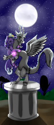 Size: 1200x2747 | Tagged: safe, artist:ninetail-fox, derpibooru import, discord, screwball, draconequus, earth pony, pony, based on song and pmv, crying, daddy discord, hat, hug, petrification, propeller hat, smiling, statue, stone