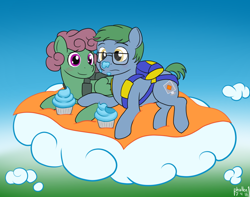 Size: 1000x787 | Tagged: safe, artist:phallen1, derpibooru import, oc, oc only, oc:software patch, oc:windcatcher, blanket, blushing, cloud, cupcake, food, glasses, messy eating, parachute, picnic, sky, windpatch