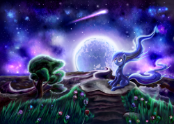 Size: 1024x734 | Tagged: safe, artist:gremlinkun, derpibooru import, oc, oc only, comet, moon, night, solo, tree