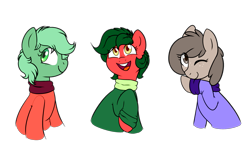 Size: 2227x1449 | Tagged: safe, artist:caballerial, derpibooru import, oc, oc only, oc:apple, oc:grass, oc:stone, bust, colored pupils, one eye closed, pony town, smiling, wink, wives