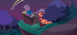 Size: 1024x473 | Tagged: safe, artist:sakuyamon, derpibooru import, oc, oc only, oc:lodestar, oc:merlow, book, night, stars