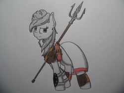 Size: 1024x768 | Tagged: safe, artist:jredhead, derpibooru import, earth pony, pony, clothes, colored pencil drawing, divinity: original sin, female, madora, mare, ponified, solo, traditional art, trident, video game