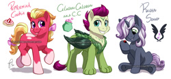 Size: 1372x638 | Tagged: safe, artist:hazurasinner, derpibooru import, oc, oc only, oc:celadon cauldron, oc:peppermint cookie, oc:raven song, hippogriff, cutie mark, interspecies offspring, magical lesbian spawn, next generation, offspring, parent:apple bloom, parent:gabby, parent:rumble, parent:scootaloo, parent:sweetie belle, parent:tender taps, parents:rumbelle, parents:tenderbloom