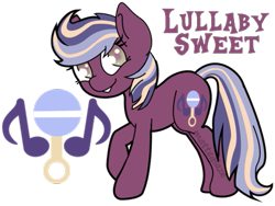 Size: 533x401 | Tagged: safe, artist:matteglaze, derpibooru import, oc, oc only, oc:lullaby sweet, earth pony, pony, adoptable, rattle, solo