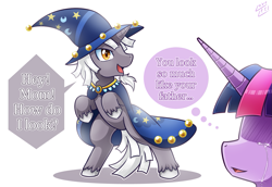 Size: 1457x1000 | Tagged: safe, artist:vavacung, star swirl the bearded, twilight sparkle, oc, oc:alternate dawn, alicorn, pony, unicorn, april fools joke, clothes, cosplay, costume, feels, female, hilarious in hindsight, male, mare, mother and child, mother and son, offspring, parent and child, parent:twilight sparkle, stallion, starswirl the unbearded