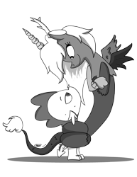 Size: 1280x1656 | Tagged: safe, artist:loreto-arts, derpibooru import, discord, eris, spike, dragon, dispike, female, grayscale, half r63 shipping, male, monochrome, rule 63, shipping, straight