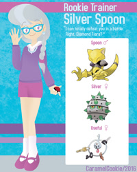 Size: 650x813 | Tagged: safe, artist:caramelcookie, derpibooru import, silver spoon, human, abra, crossover, ferroseed, humanized, klefki, pokéball, pokémon, pokémon trainer, solo