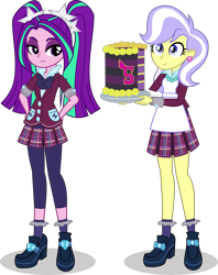 Size: 2149x2713 | Tagged: safe, artist:punzil504, derpibooru import, aria blaze, upper crust, equestria girls, friendship games, rainbow rocks, birthday cake, cake, clothes, crystal prep academy, crystal prep academy uniform, crystal prep shadowbolts, dessert, duo, food, high heels, leggings, pigtails, plate, pleated skirt, school uniform, shoes, simple background, skirt, socks, transparent background, twintails, vector