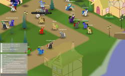 Size: 1218x745 | Tagged: safe, derpibooru import, oc, oc only, earth pony, pegasus, pony, unicorn, fanatsors' online pony game, game, park, standing, town, tree, trotting